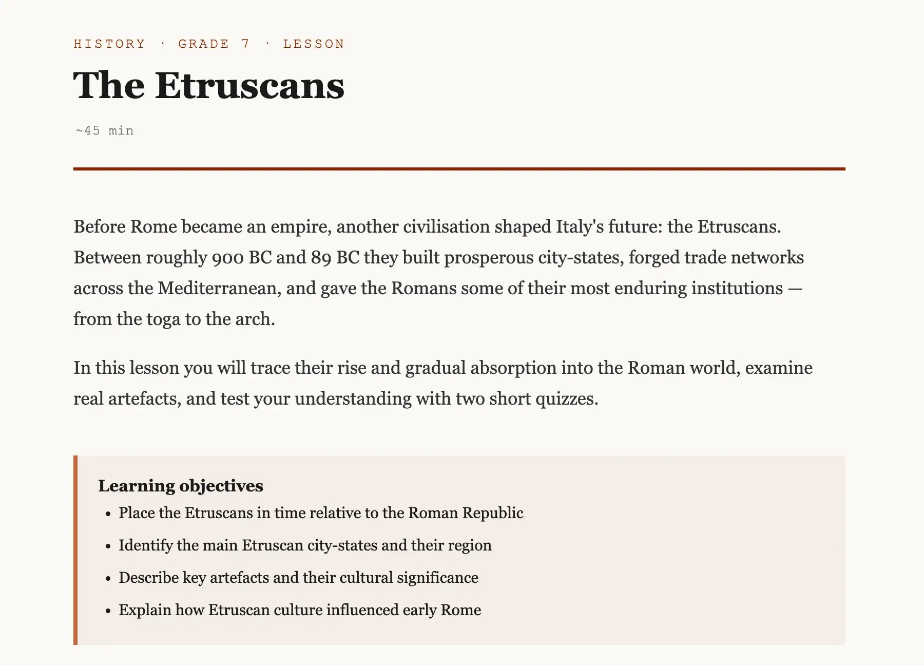 The Etruscans · Lesson for Grade 7