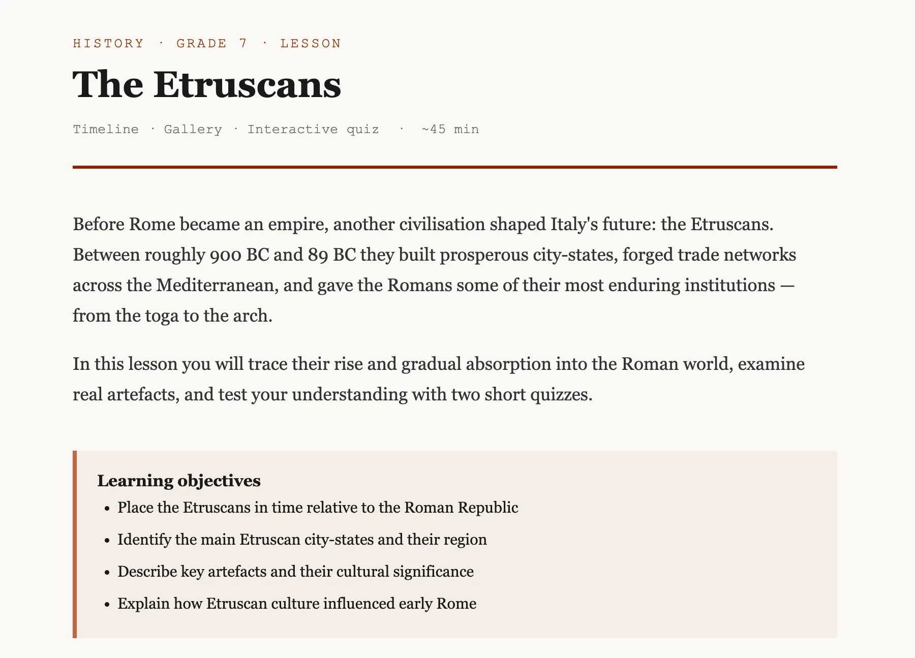 The Etruscans · Lesson for Grade 7