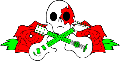 Blood Rose logo; a skull and crossed guitars adored with roses