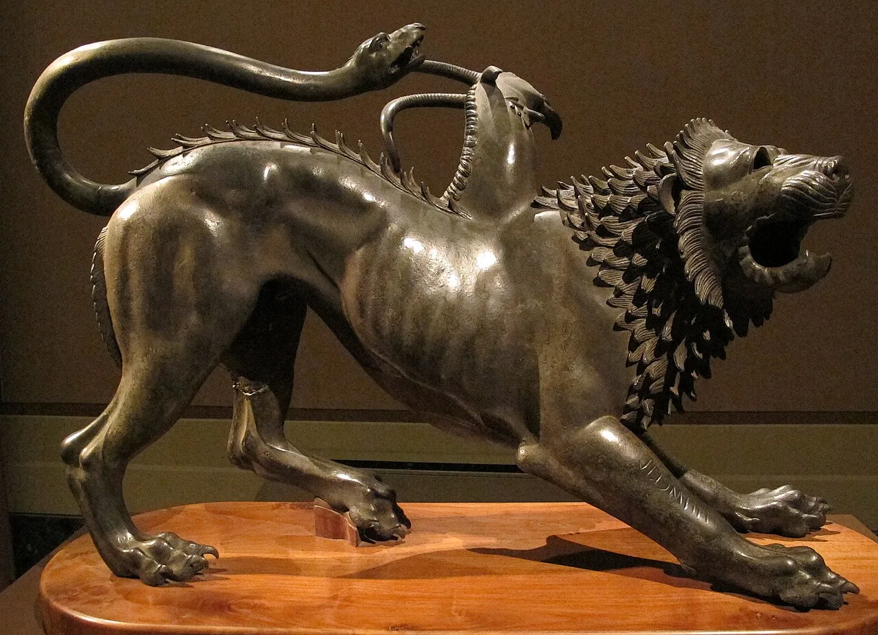 Chimera of Arezzo, bronze, c. 400 BC — Museo Archeologico Nazionale, Florence. Wikimedia Commons CC0.