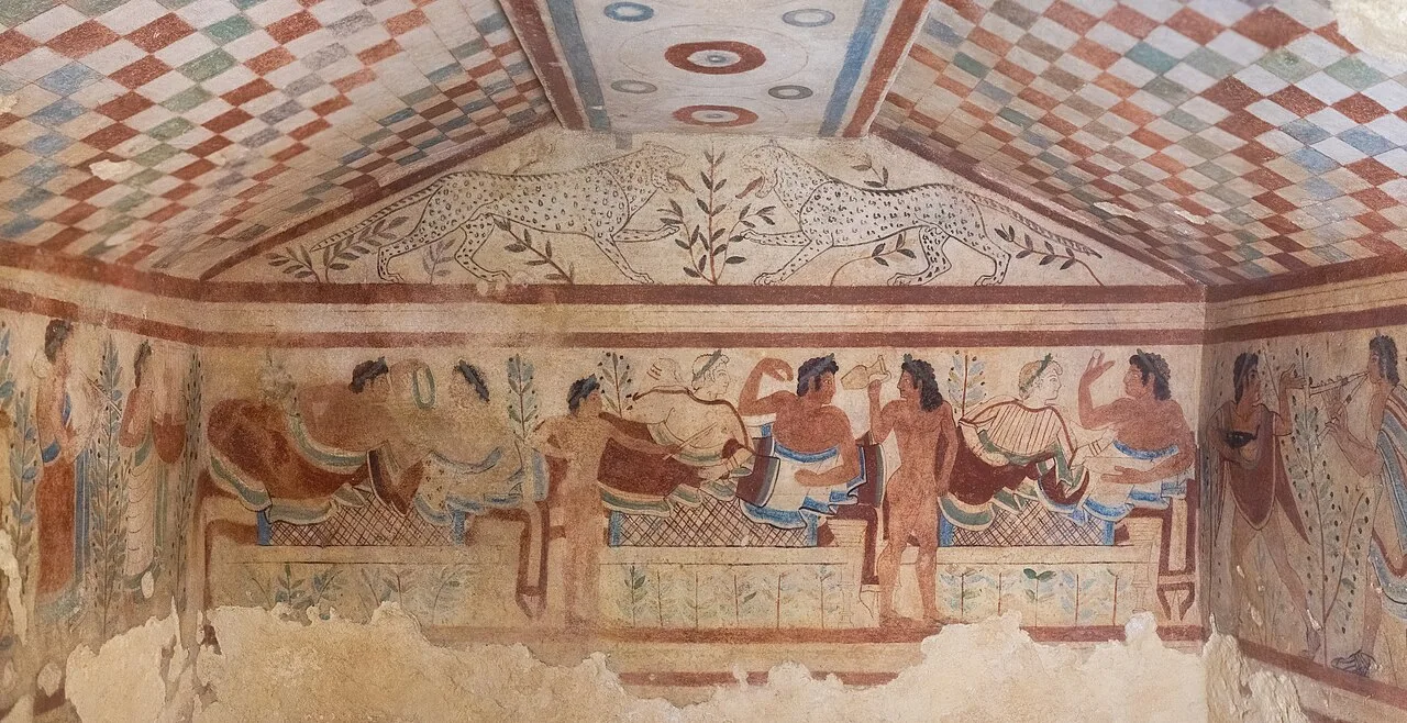 Tomb of the Leopards fresco detail, c. 480–450 BC — Tarquinia necropolis. Wikimedia Commons CC BY-SA.